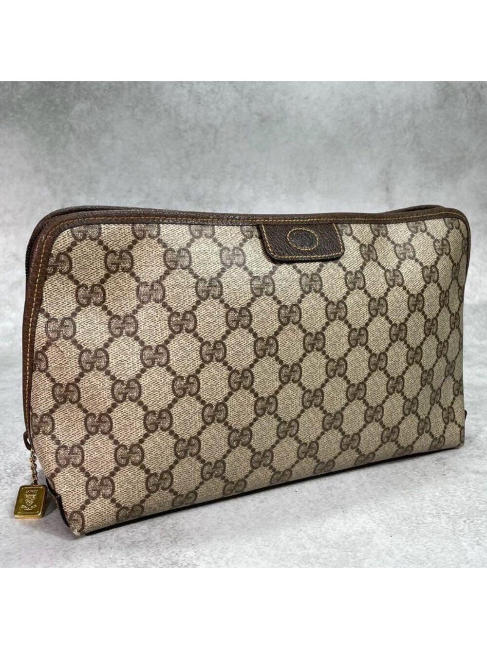 Gucci GG Clutch Brown Beige Logo Leather